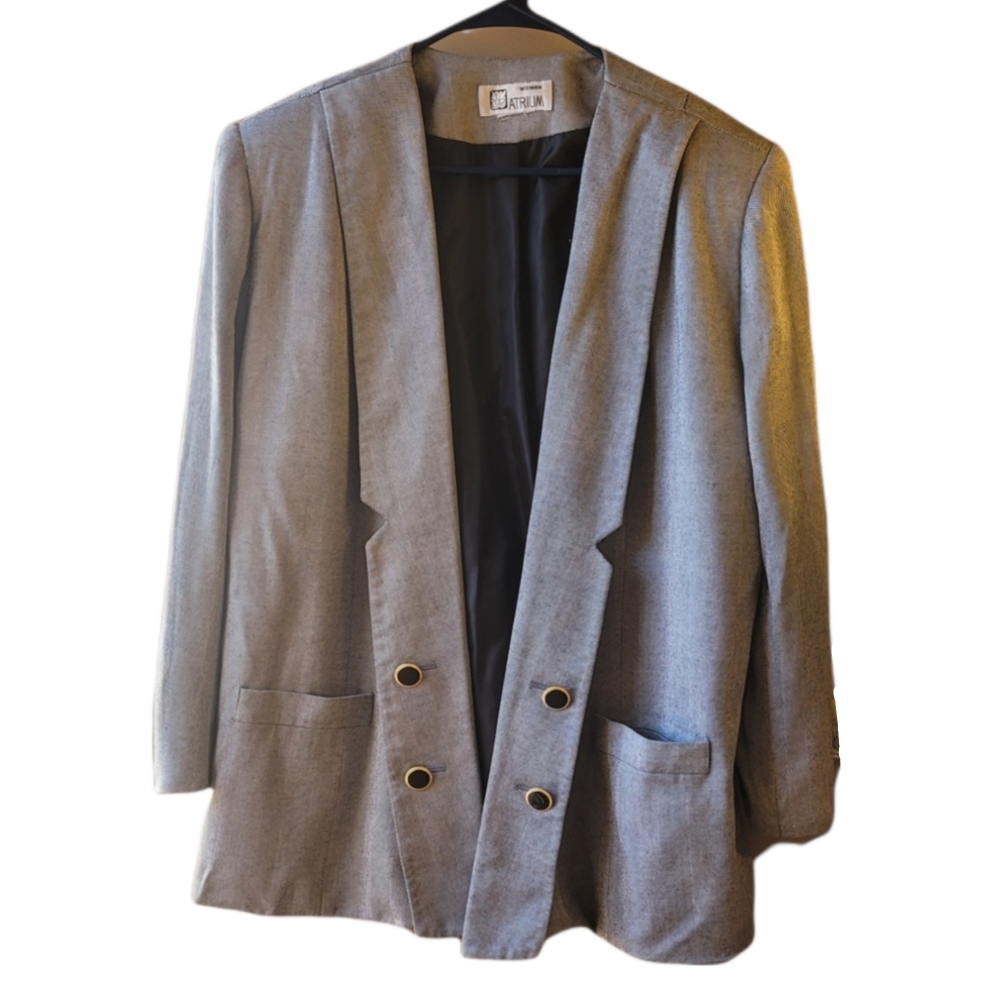 Vintage Atrium Collection Black and Gray  Shoulder Pad Open Long Blazer